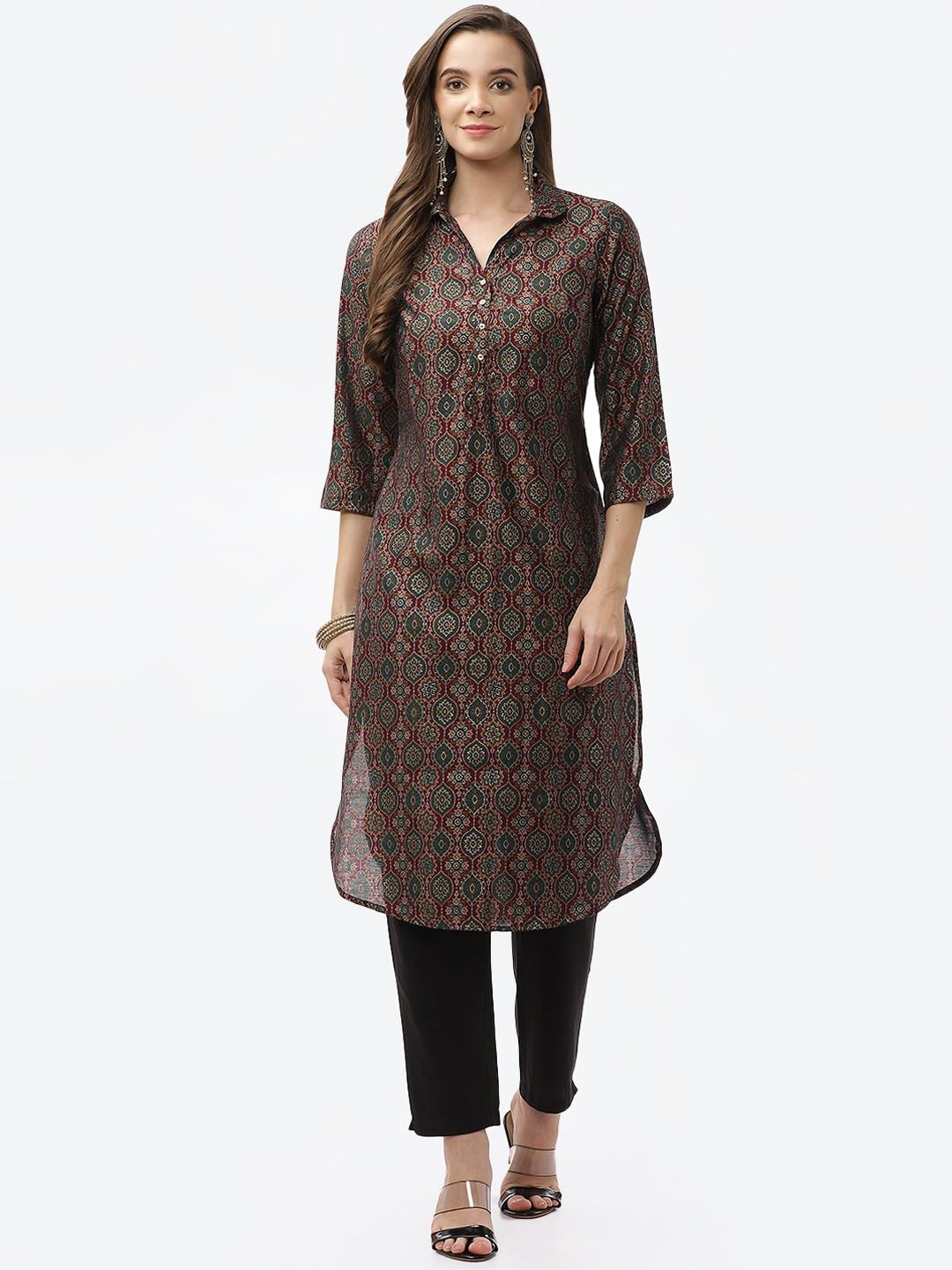 Biba Women Burgundy Printed Shirt Collar Kurta