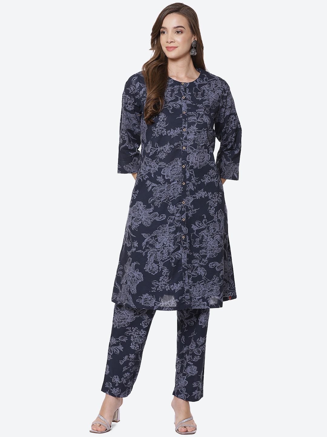 Biba Women Navy Blue Floral Printed Pleated Kurti with Trousers Price in India