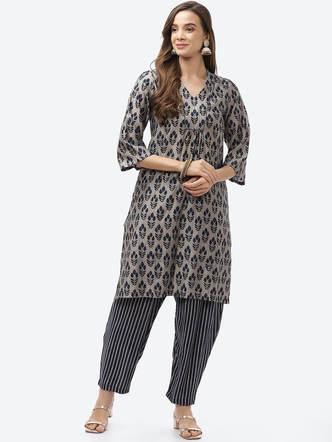 Biba Women Navy Blue Kurti with Trousers Price in India