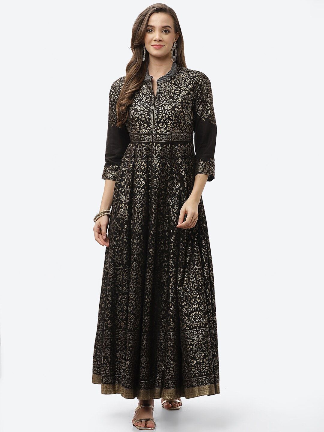 Biba Women Black Floral Motifs Maxi Fit & Flare Dress