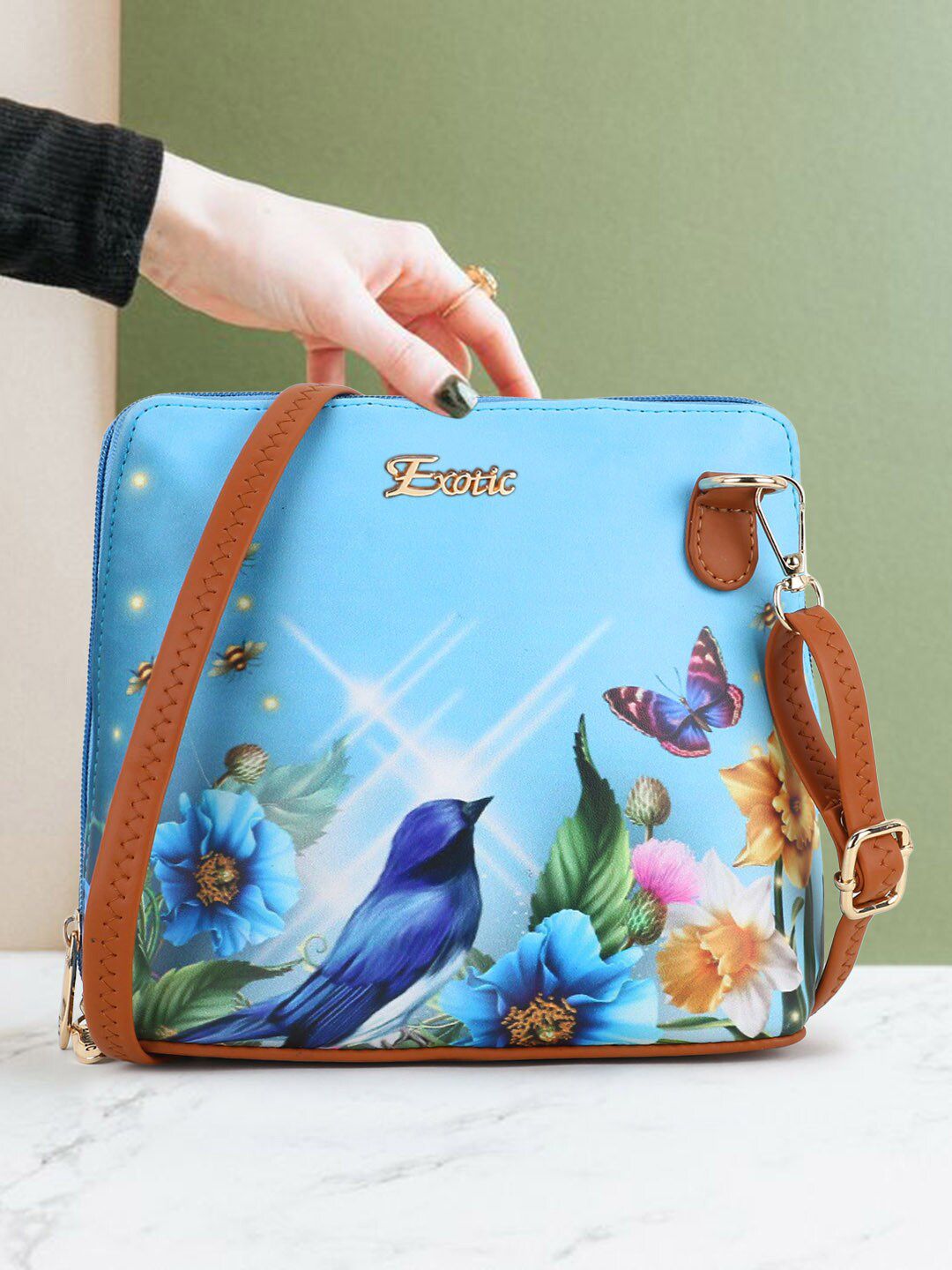 Exotic Blue Floral Printed PU Structured Handheld Bag Price in India