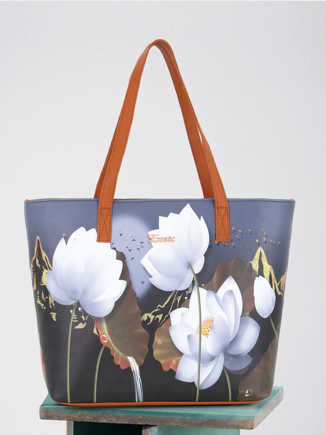 Exotic Grey Printed PU Shopper Tote Bag with Applique Price in India
