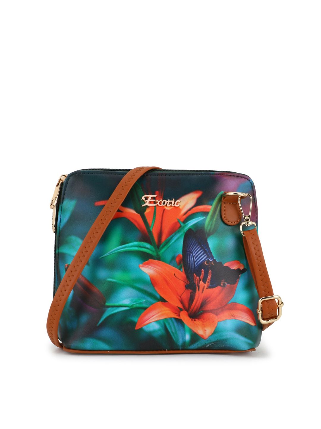 Exotic Green Floral Printed PU Structured Sling Bag Price in India