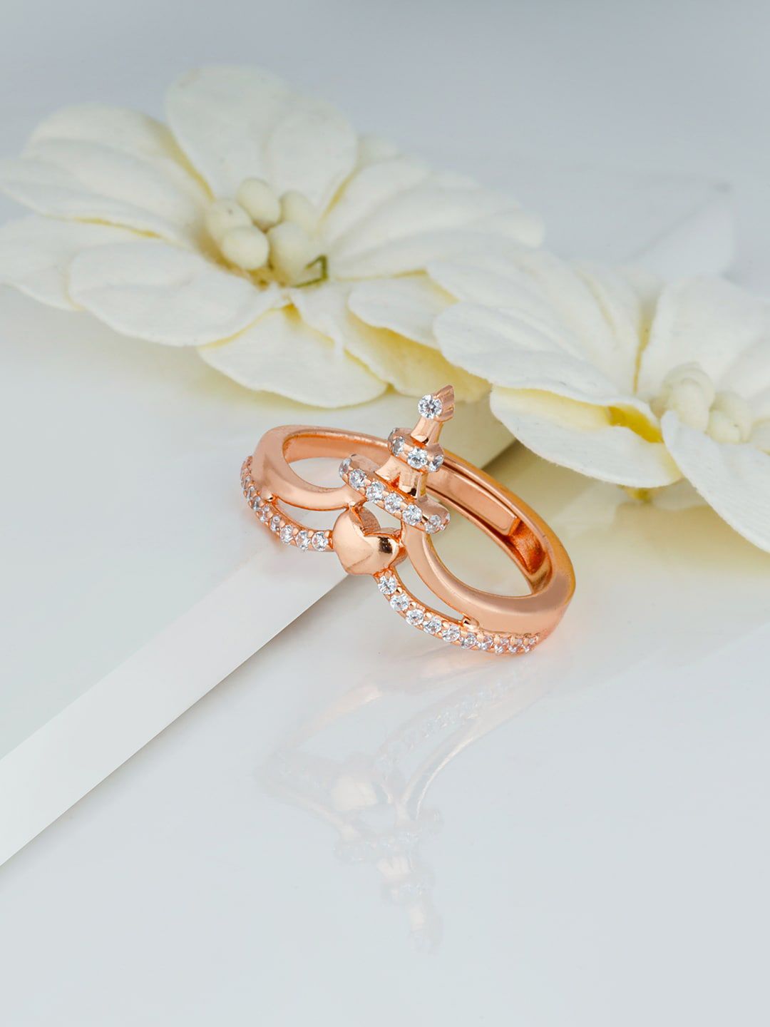 GIVA Rose Gold-Plated & White CZ-Studded Eiffel Tower Finger Ring Price in India