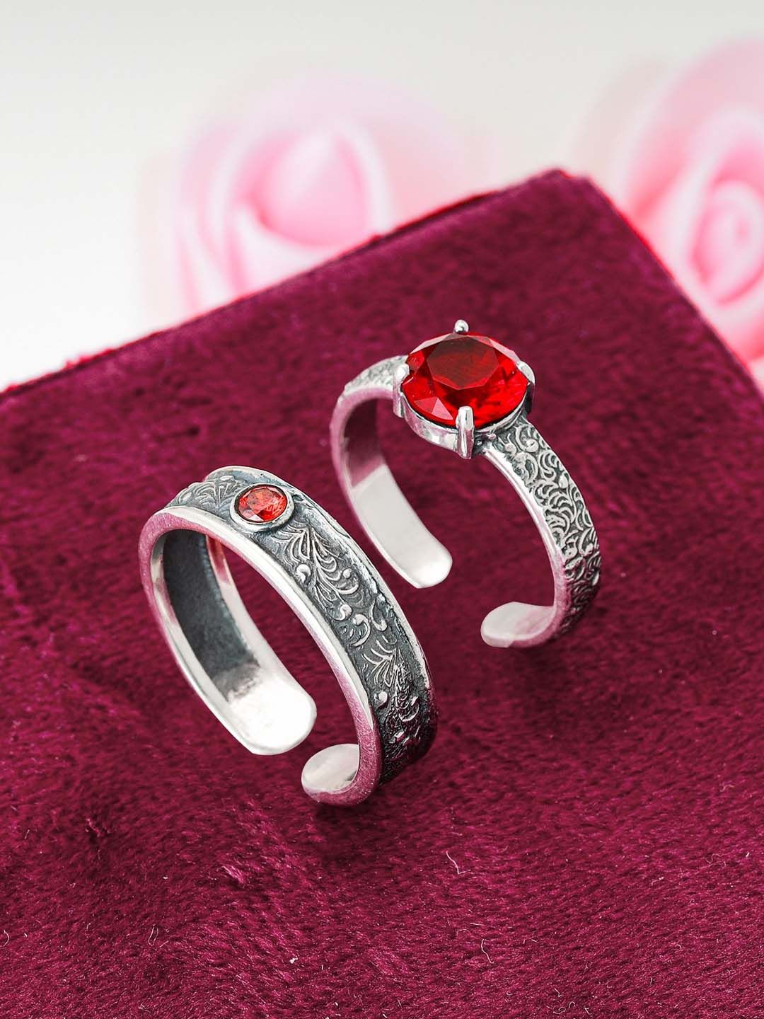 GIVA Set of 2 Red 925 Sterling Silver Oxidised Rebels in Love Couple Rings Price in India