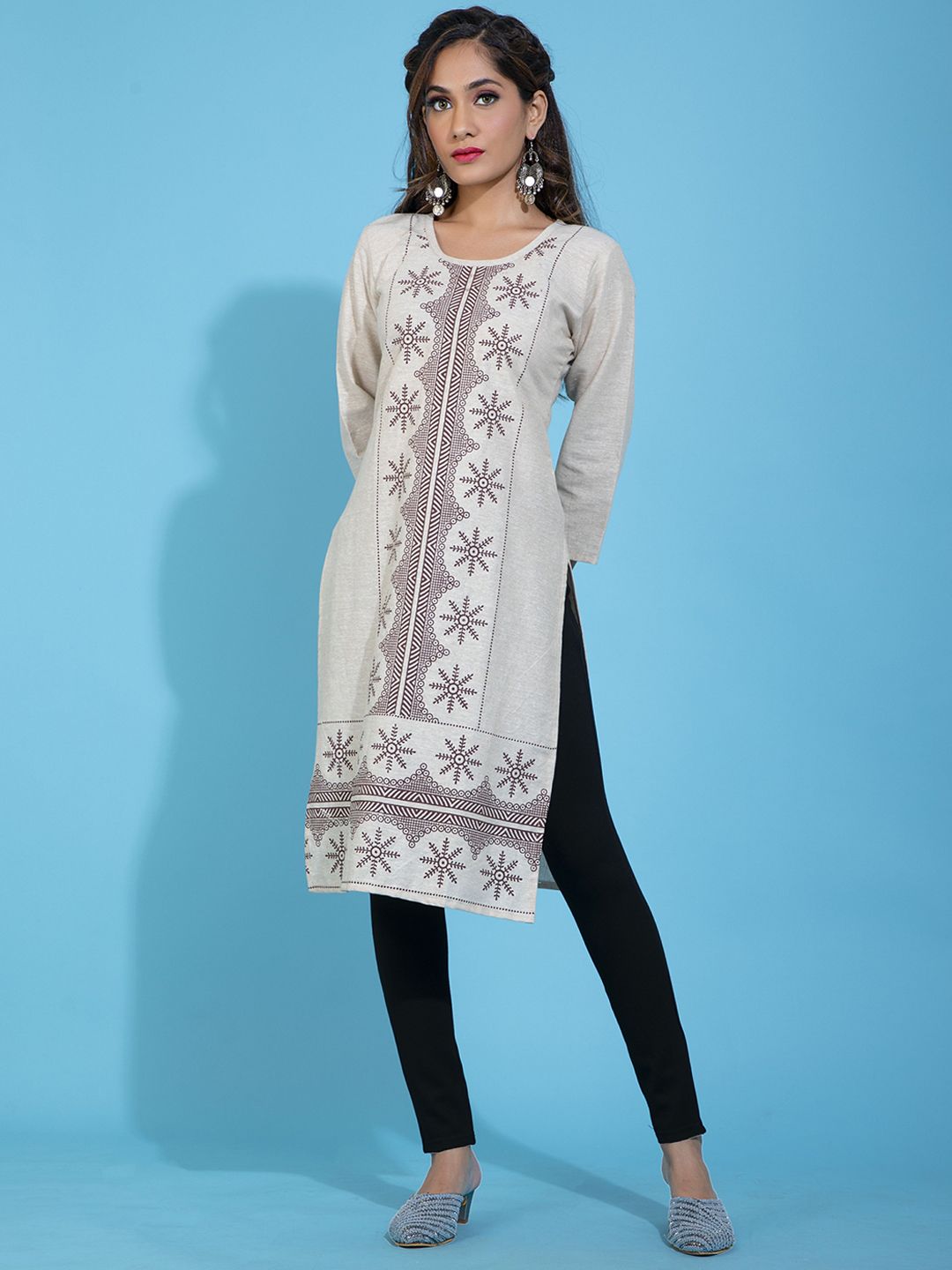 POONAM DESIGNER Women Beige Geometric Extended Sleeves Khadi Kurta Price in India