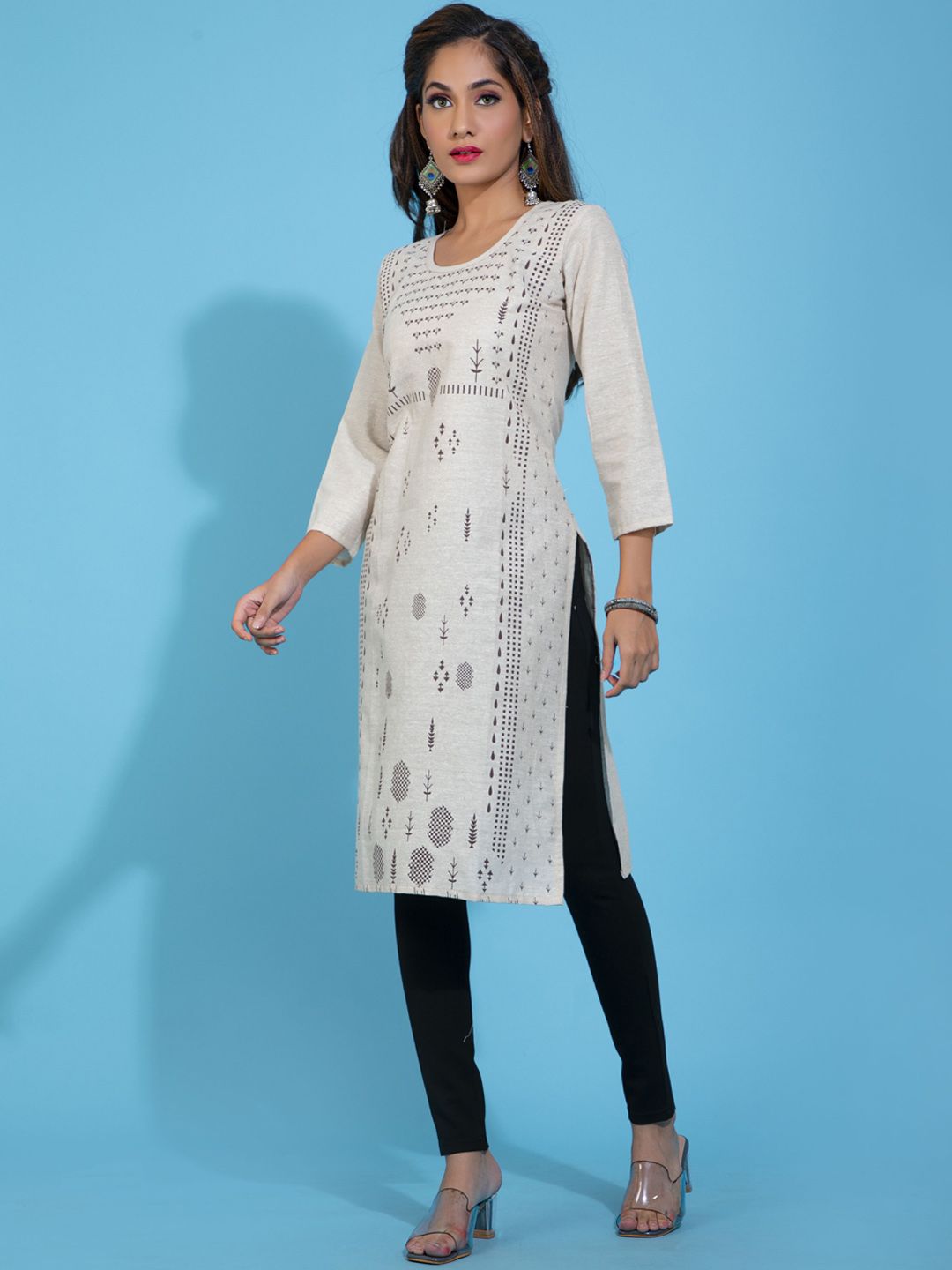 POONAM DESIGNER Women Off White Geometric Printed Khadi Cotton Kurta Price in India