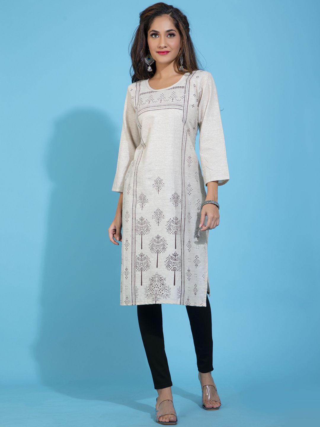 POONAM DESIGNER Women Beige Printed Straight Kurta Price in India