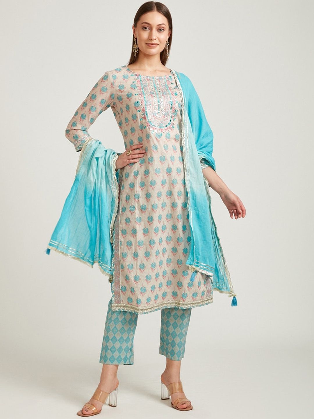 Neerus Women Turquoise Blue Floral Printed Pure Cotton Kurta with Trousers & Dupatta Price in India