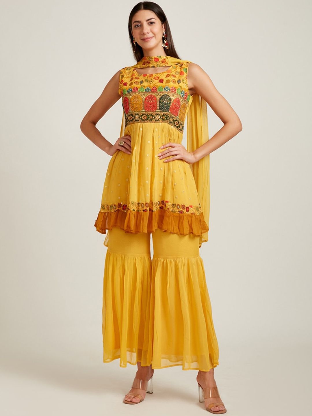 Neerus Women Mustard Yellow Printed Aari Work Kurta with Sharara & Dupatta Price in India