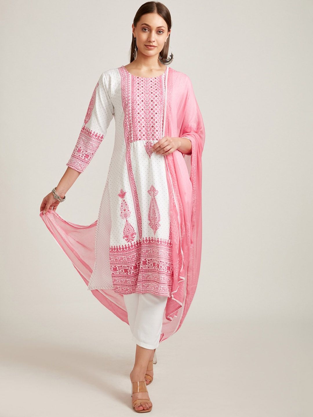 Neerus Women White Ethnic Motifs Printed Kurta with Trousers & With Dupatta Price in India