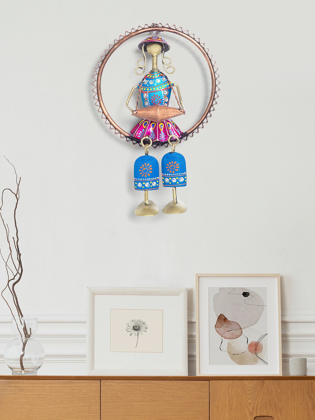 Golden Peacock Gold-Toned & Blue Textured Handcrafted Doll Hanging Wall Decor Price in India