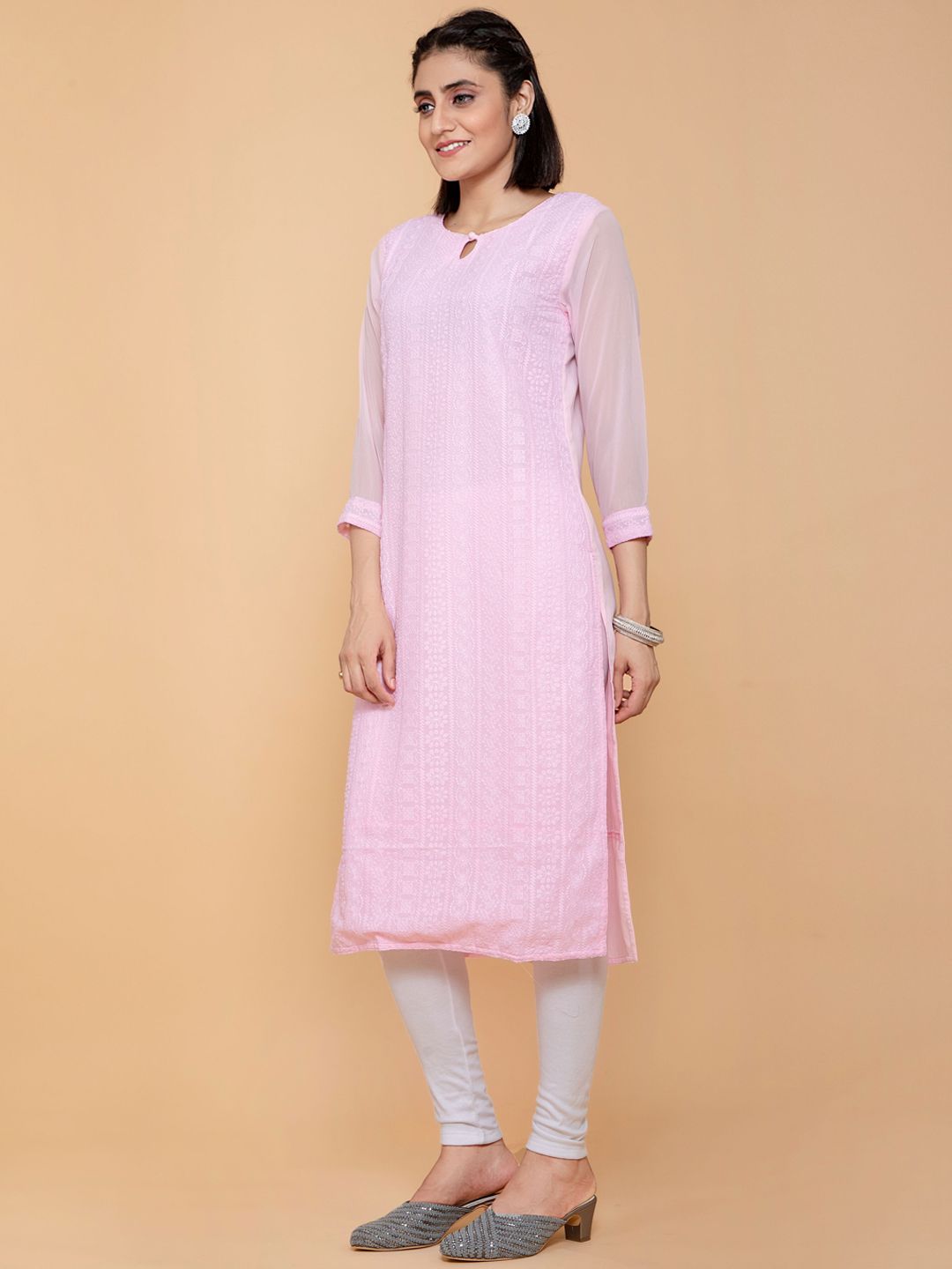 POONAM DESIGNER Women Pink Keyhole Neck Thread Work Straight Georgette Kurta Price in India