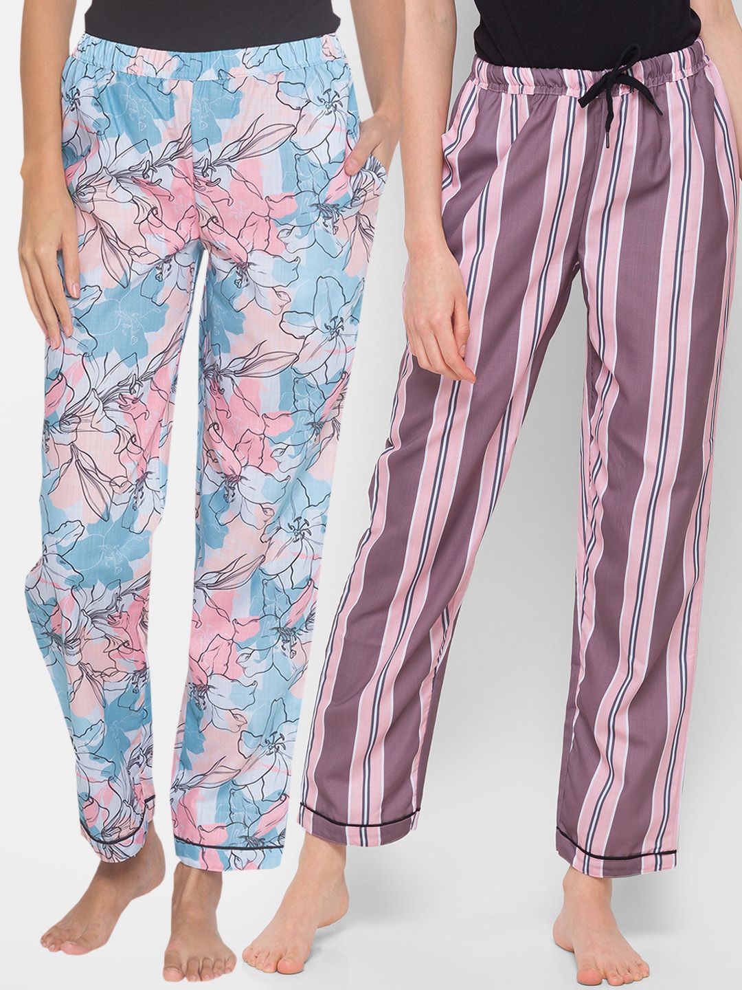 FashionRack Women Pack of 2 Pink & Blue Cotton Lounge Pants Price in India