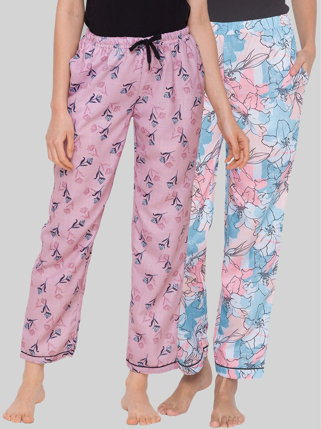 FashionRack Women Pack of 2 Blue & Pink Printed Cotton Lounge Pants Price in India