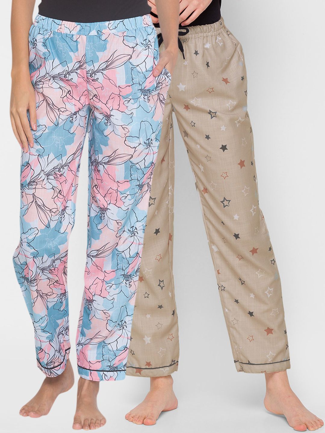 FashionRack Women Pack of 2 Blue & Beige Printed Cotton Lounge Pants Price in India