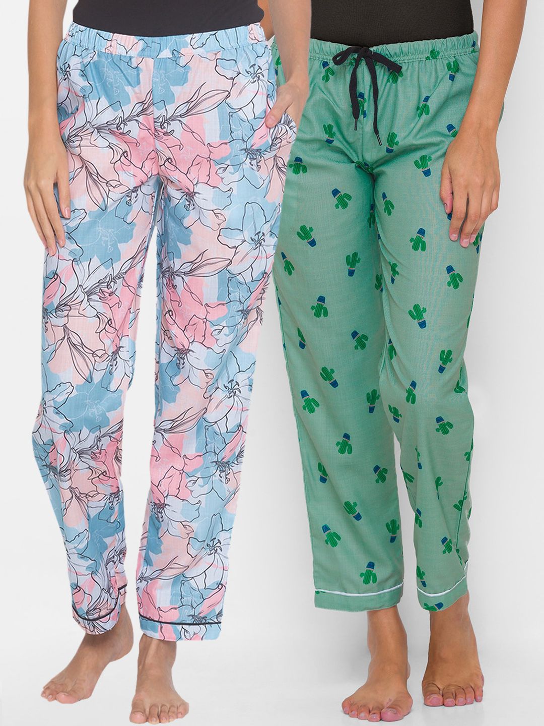 FashionRack Women Set of 2 Blue & Green Printed Cotton Lounge Pants Price in India