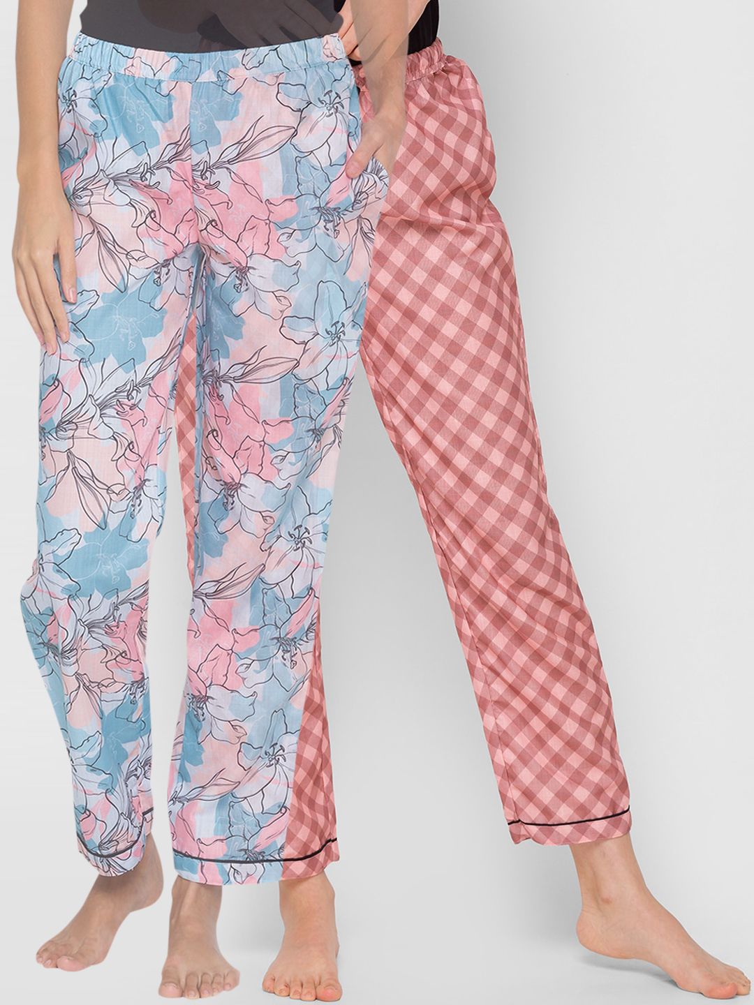 FashionRack Women Pack Of 2 Blue & Brown Printed Lounge Pants Price in India