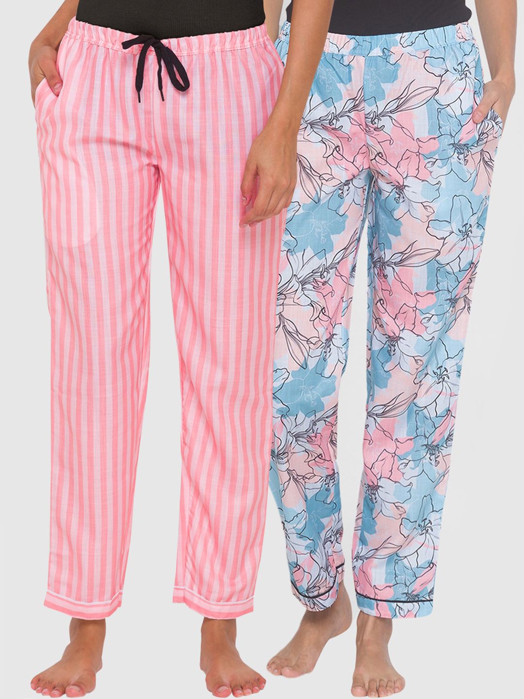 FashionRack Women Pack of 2 Pink & Blue Cotton Lounge Pants Price in India