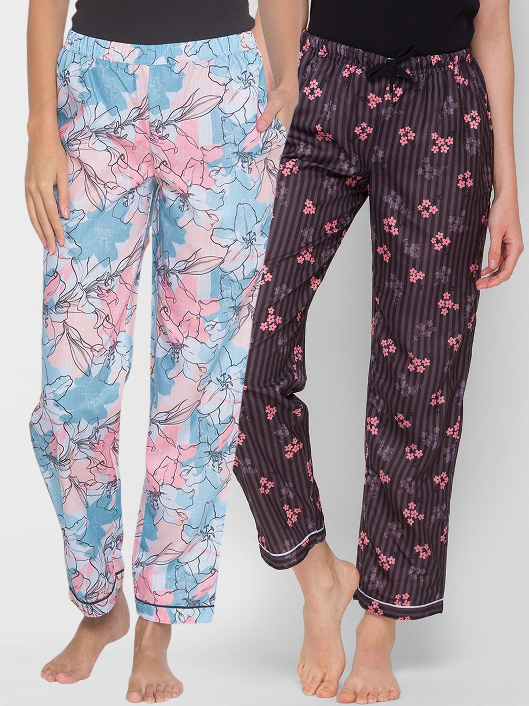 FashionRack Women Pack Of 2 Blue & Brown Printed Lounge Pants Price in India