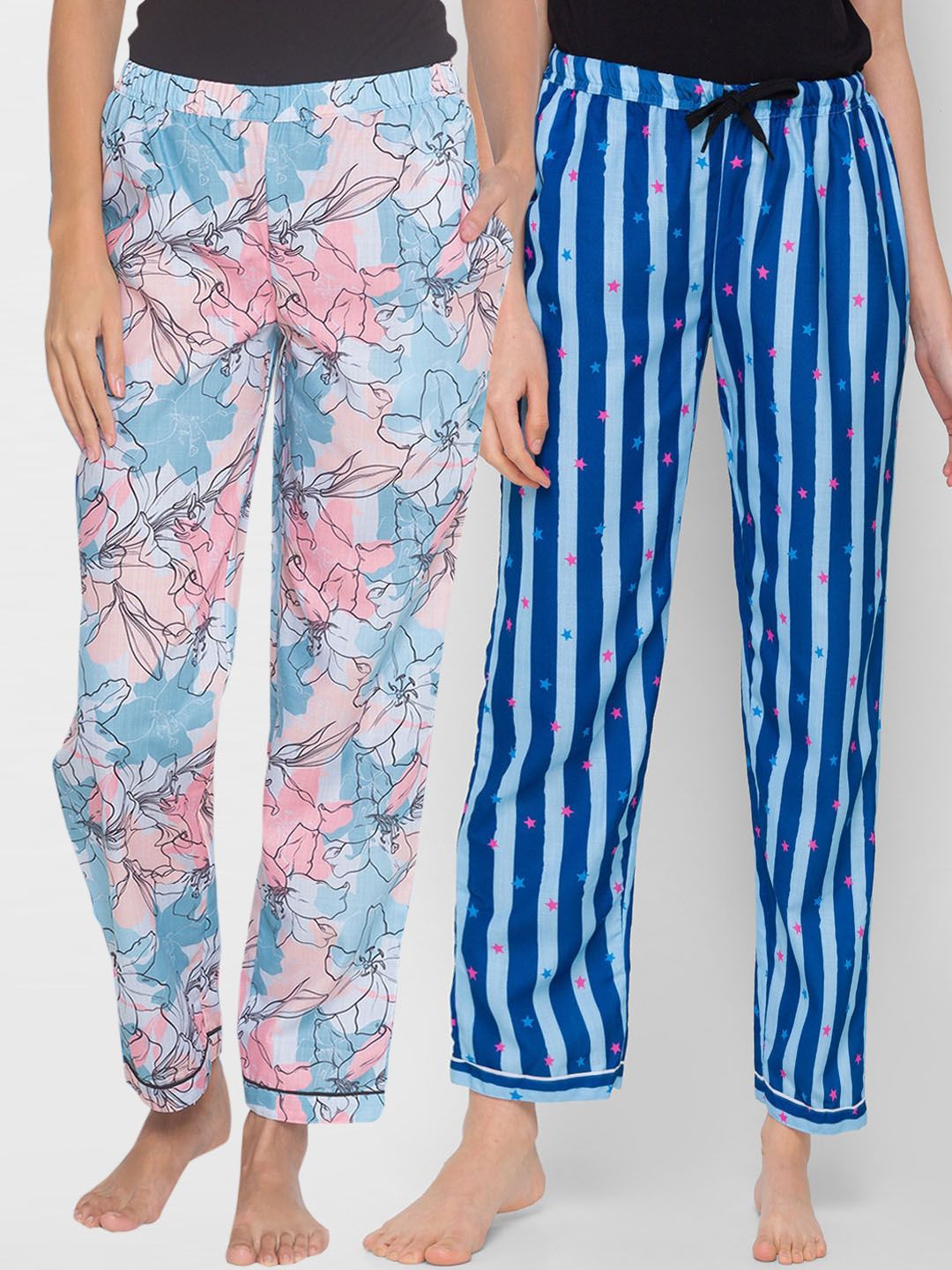 FashionRack Women Pack Of 2 Blue & Pink Printed Cotton Lounge Pants Price in India