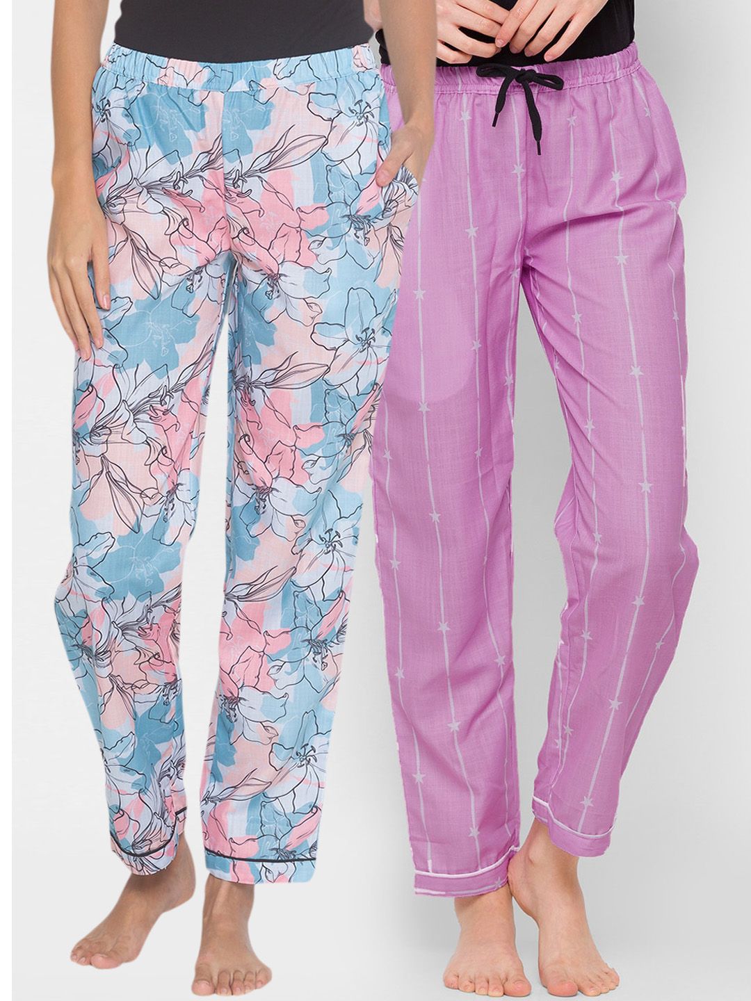 FashionRack Pack of 2 Women Blue & Purple Printed Cotton Lounge Pants Price in India