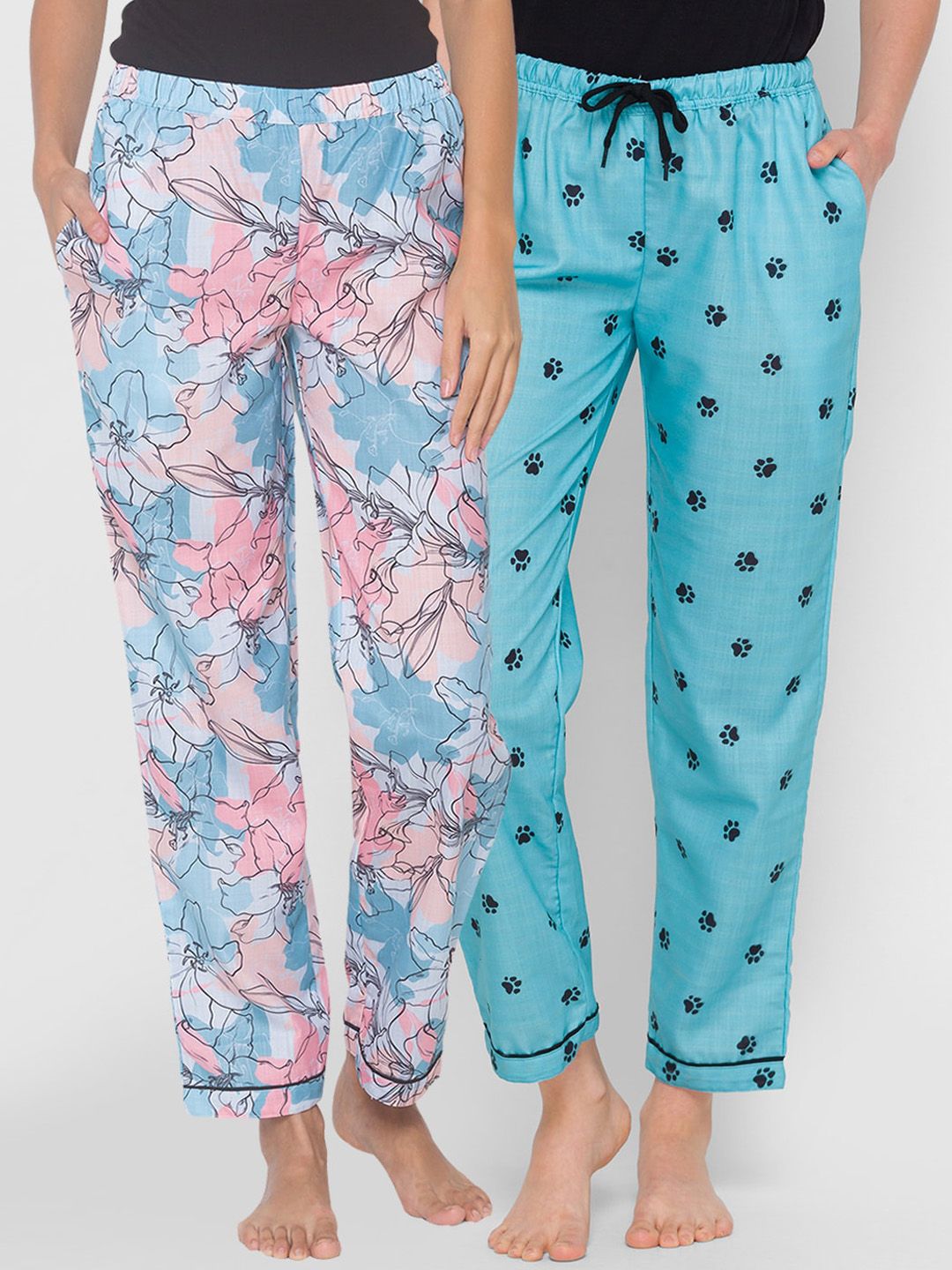 FashionRack Women Pack Of 2 Blue & Pink Printed Lounge Pants Price in India