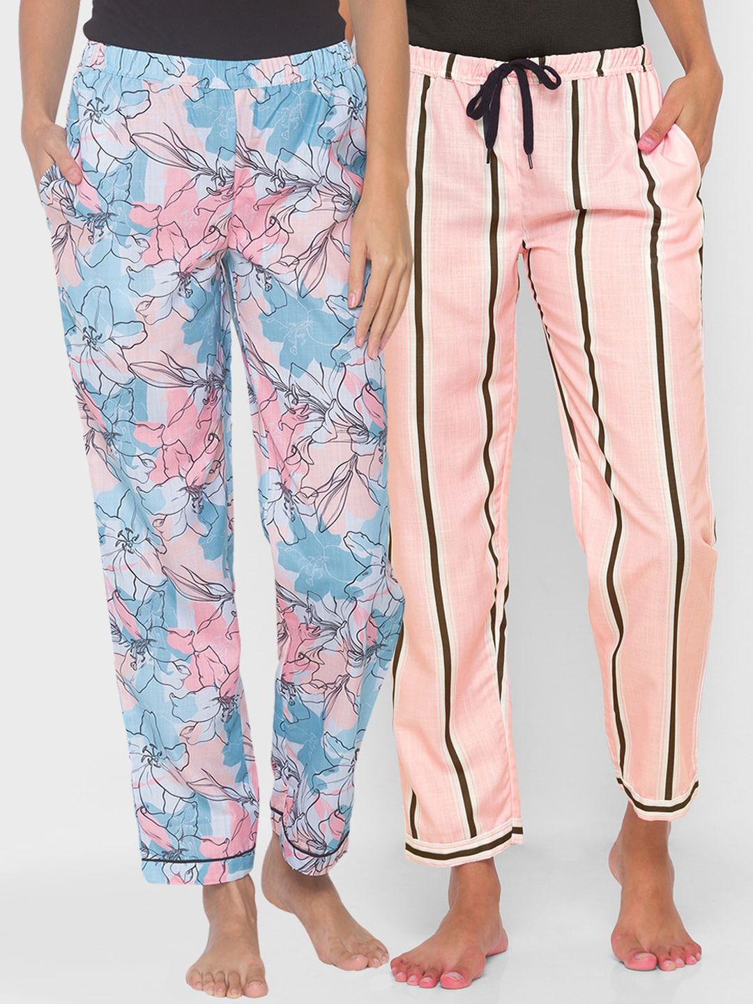 FashionRack Pack of 2 Women Blue & Pink Printed Lounge Pants Price in India