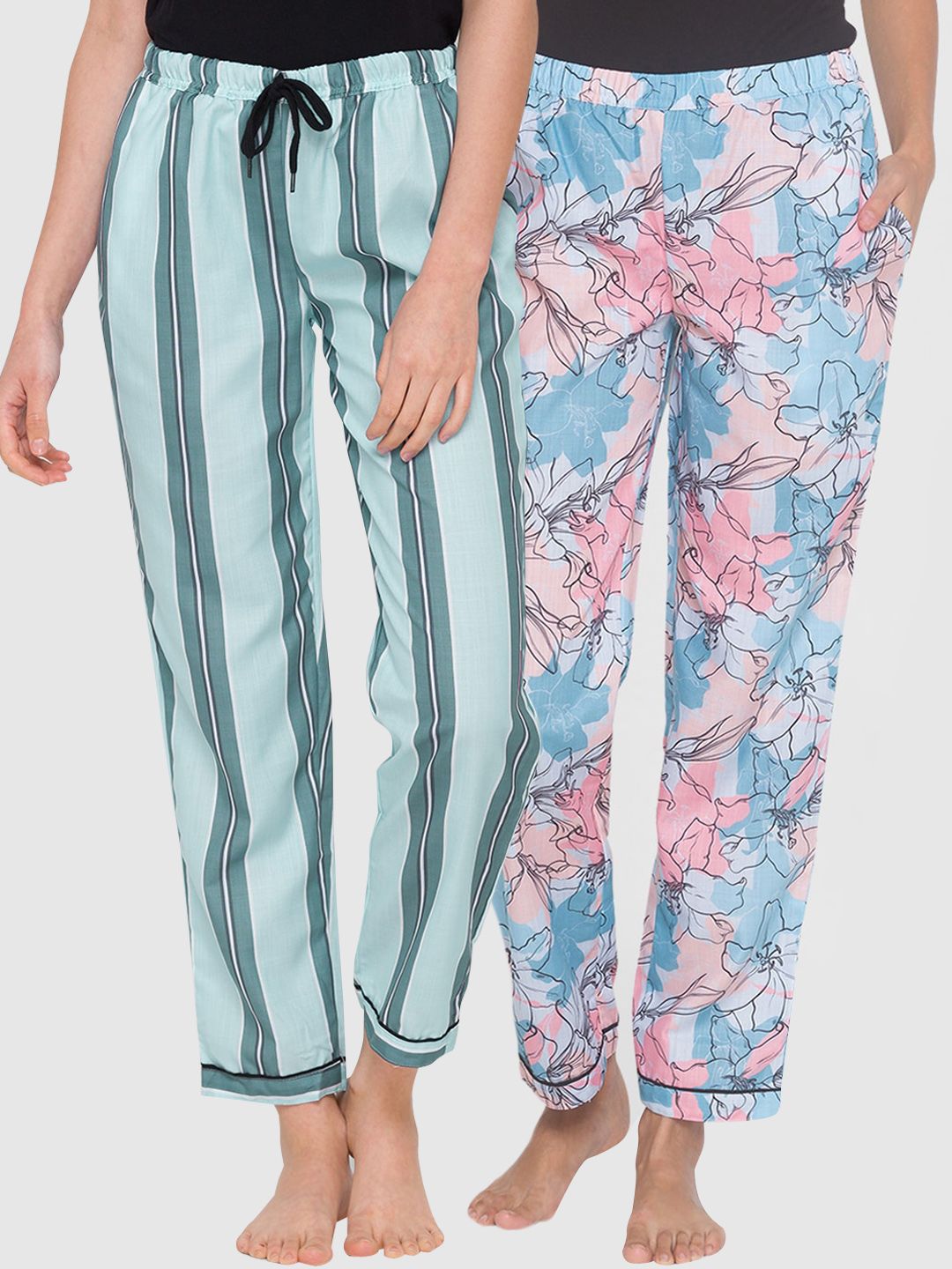 FashionRack Women Set of 2  Turquoise Blue & Sea Green Printed Cotton Lounge Pants Price in India