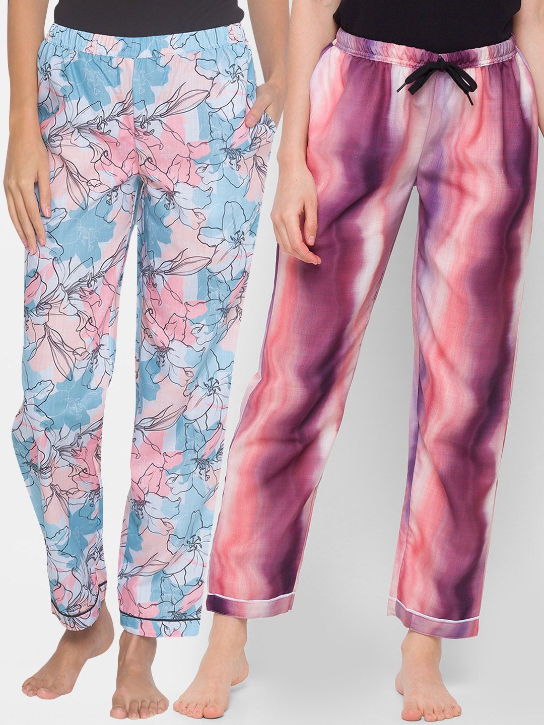 FashionRack Pack Of 2 Blue & Purple Printed Cotton Lounge Pants Price in India