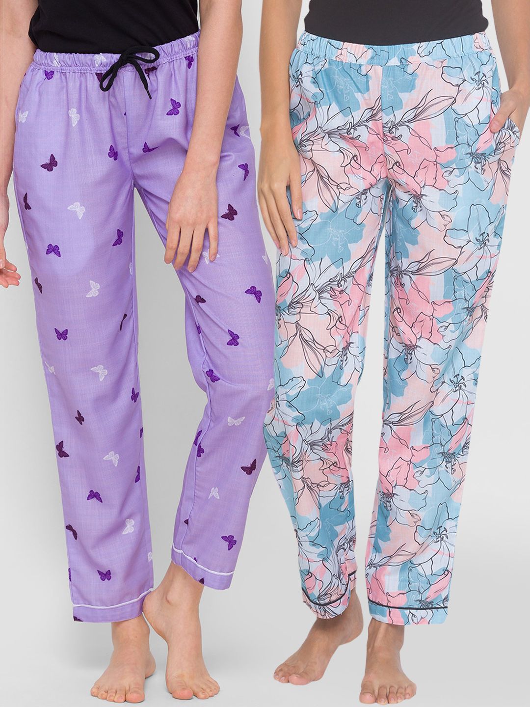 FashionRack Women Pack of 2 Blue & Purple Printed Cotton Lounge Pants Price in India