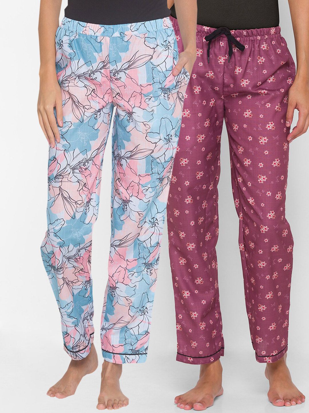 FashionRack Women Pack of 2 Blue & Purple Printed Lounge Pants Price in India