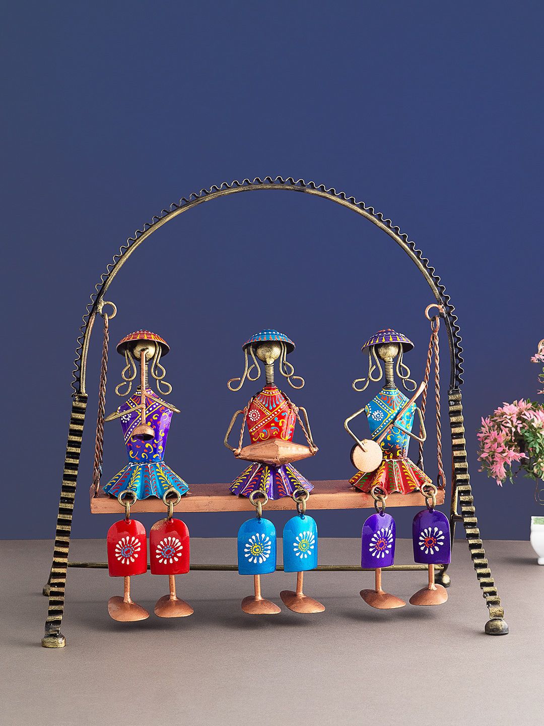 Golden Peacock Red & Blue Handpainted Antique Swing 3 Musician Table Decor Showpieces Price in India
