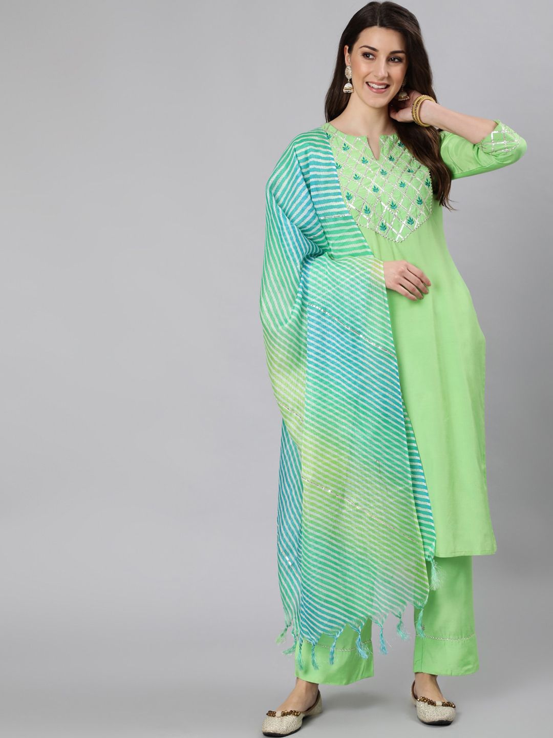 Jaipur Kurti Women Lime Green Ethnic Motifs Yoke Design Gotta Patti Kurta with Trousers & With Dupatta Price in India