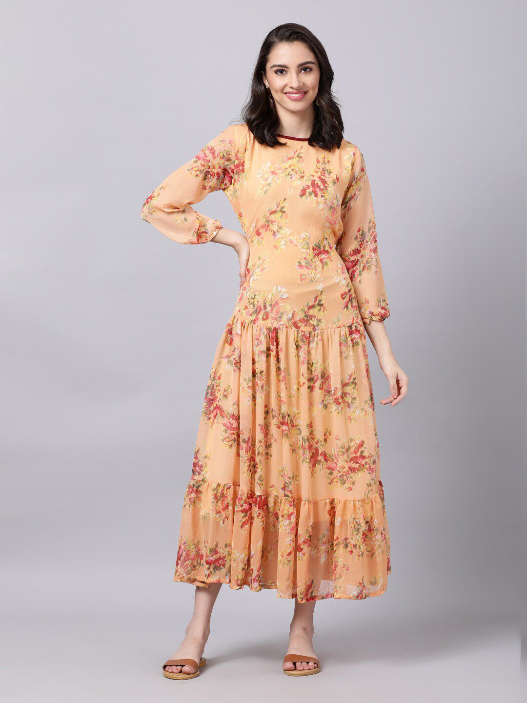 Souchii Peach-Coloured Floral Chiffon Maxi Dress Price in India