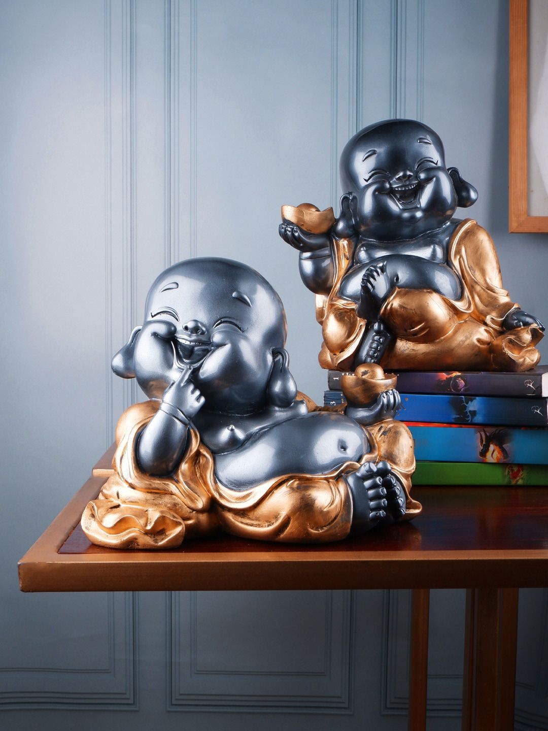 THE WHITE INK DECOR Grey & Gold Set of 2  Monk Figurines Price in India