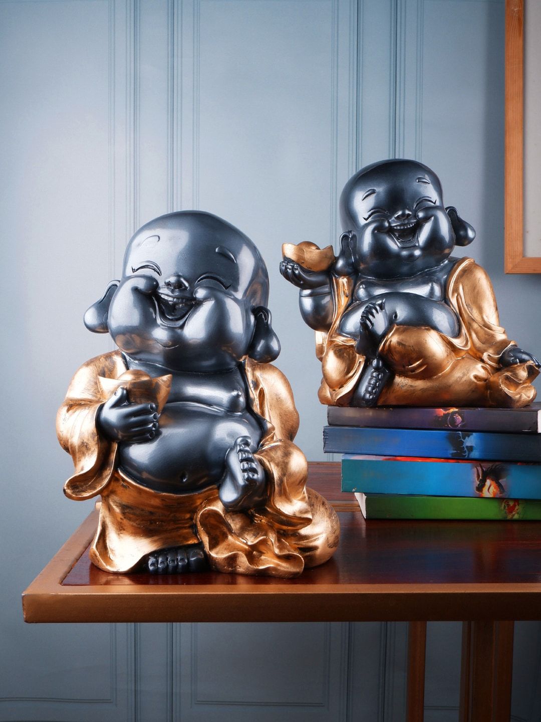 THE WHITE INK DECOR Set Of 2 Grey & Gold Toned fengshui premium Monk Showpieces Price in India