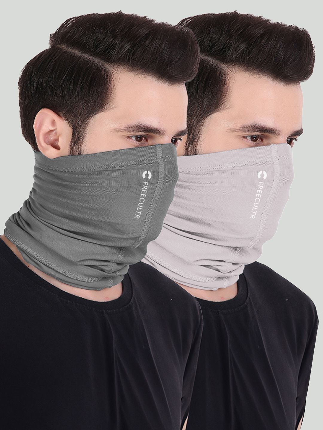 FREECULTR Pack of 2 Charcoal Grey & Beige Solid Anti Microbial Bamboo Bandana