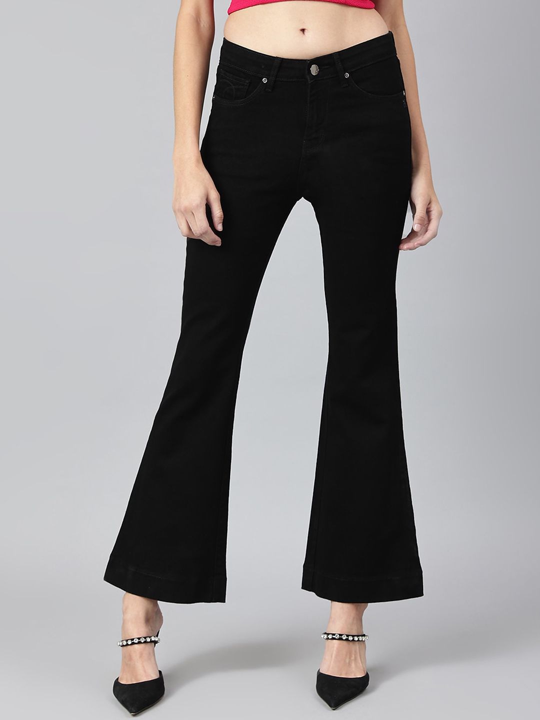 Xpose Women Black Frisky Flared High-Rise Stretchable Crop Jeans Price in India