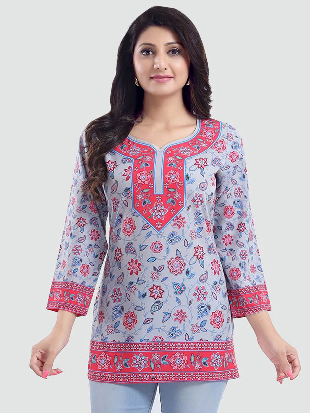 Saree Swarg Grey & Pink Ethnic Motifs Printed V-Neck Kurti Price in India