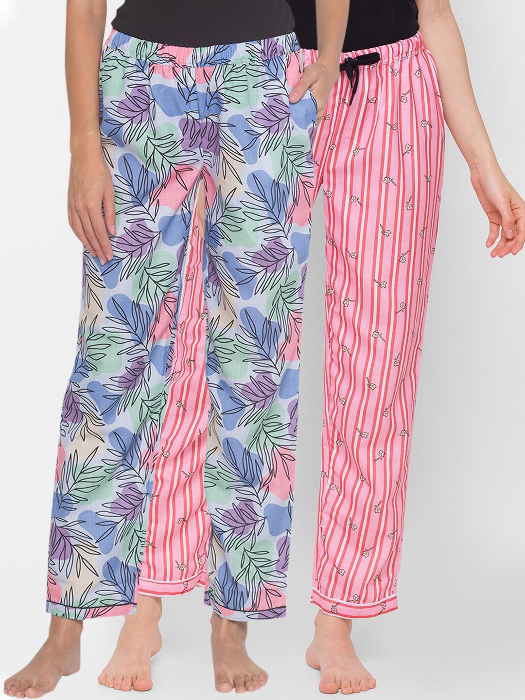 FashionRack Women Pack of 2 Blue & Pink Printed Cotton Lounge Pants Price in India