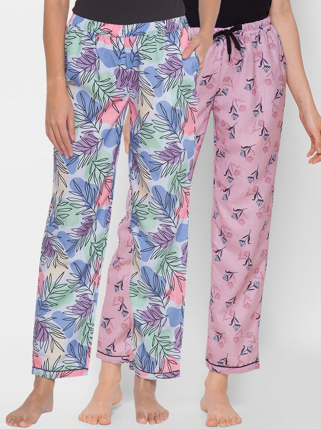 FashionRack Pack of 2 Women Blue & Pink Printed Lounge Pants Price in India