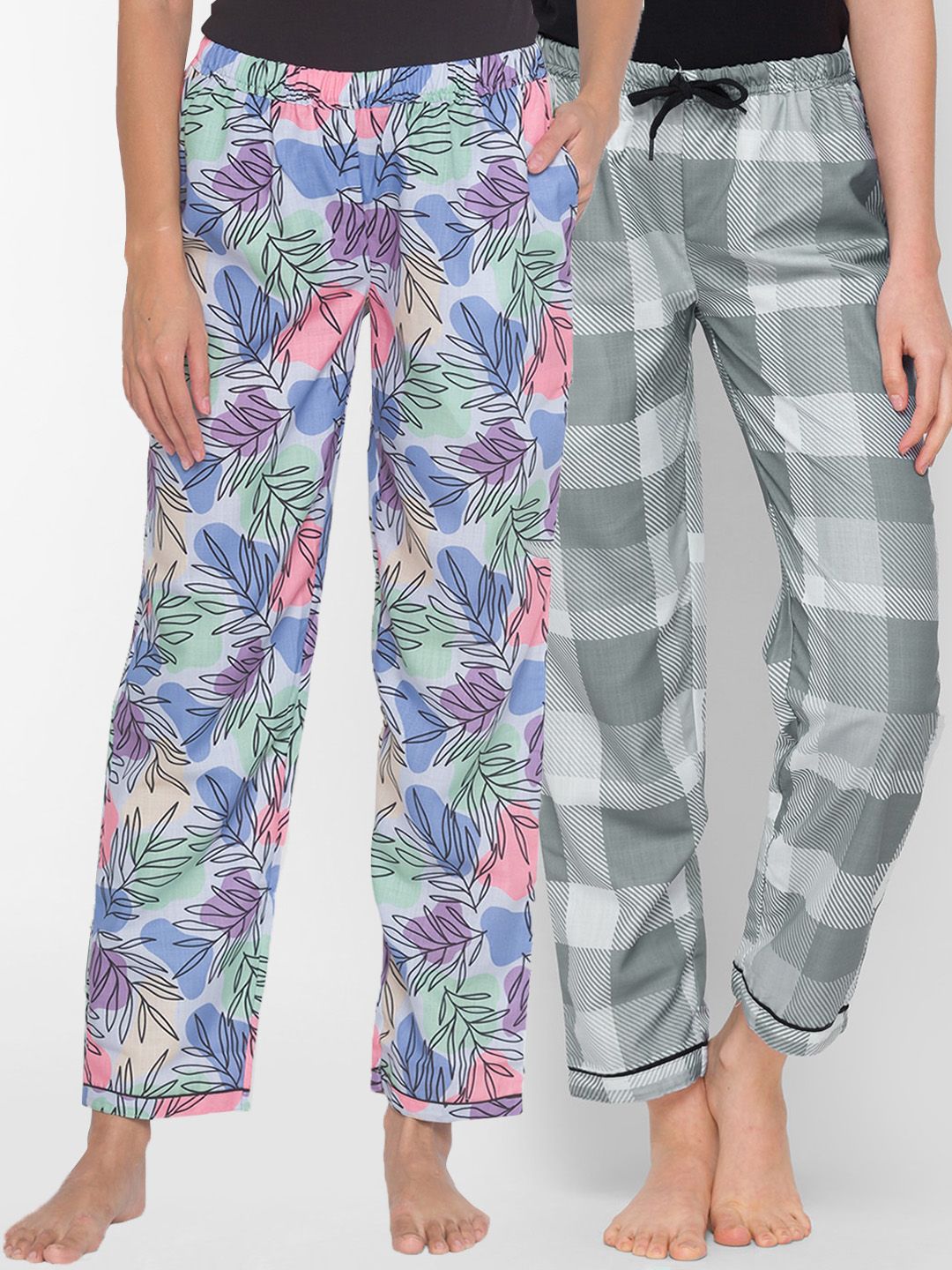 FashionRack Women Pack of 2 Blue Printed Cotton Lounge Pants Price in India