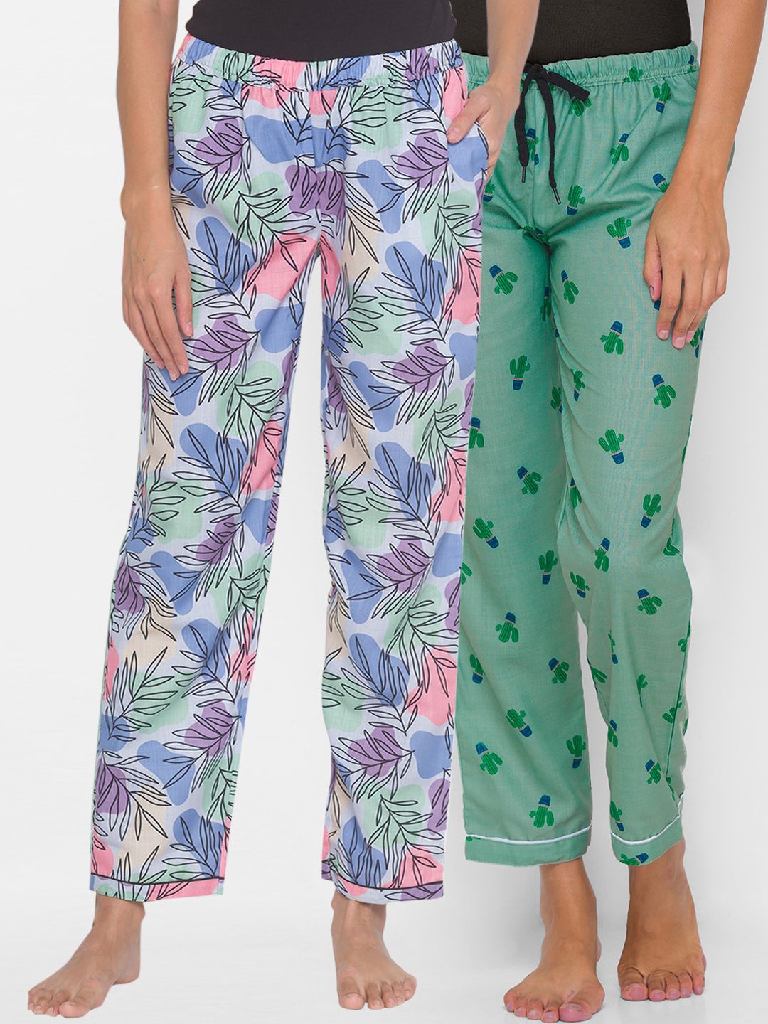 FashionRack Pack of 2 Green & Blue Printed Cotton Lounge Pants Price in India