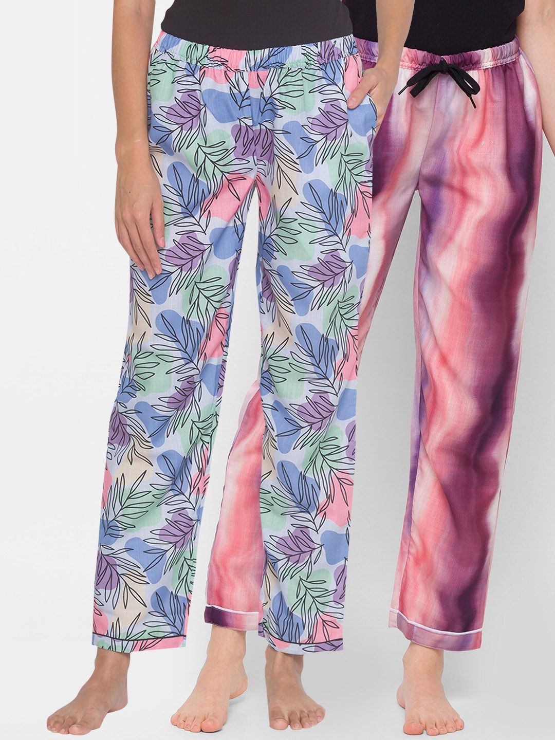 FashionRack Women Pack Of 2 Blue & Purple Printed Lounge Pants Price in India