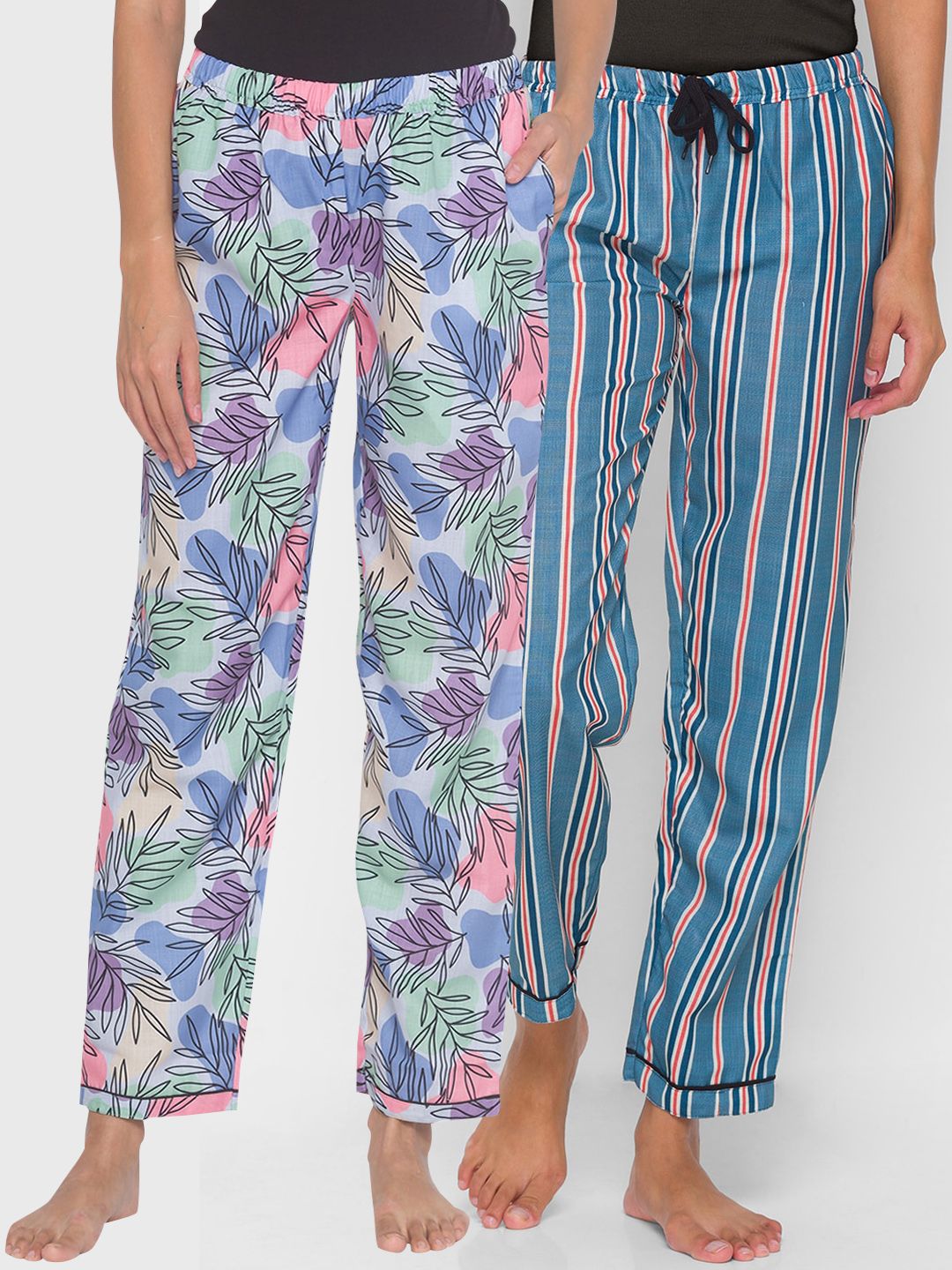 FashionRack Women Pack Of 2 Blue & Pink Printed Lounge Pants Price in India