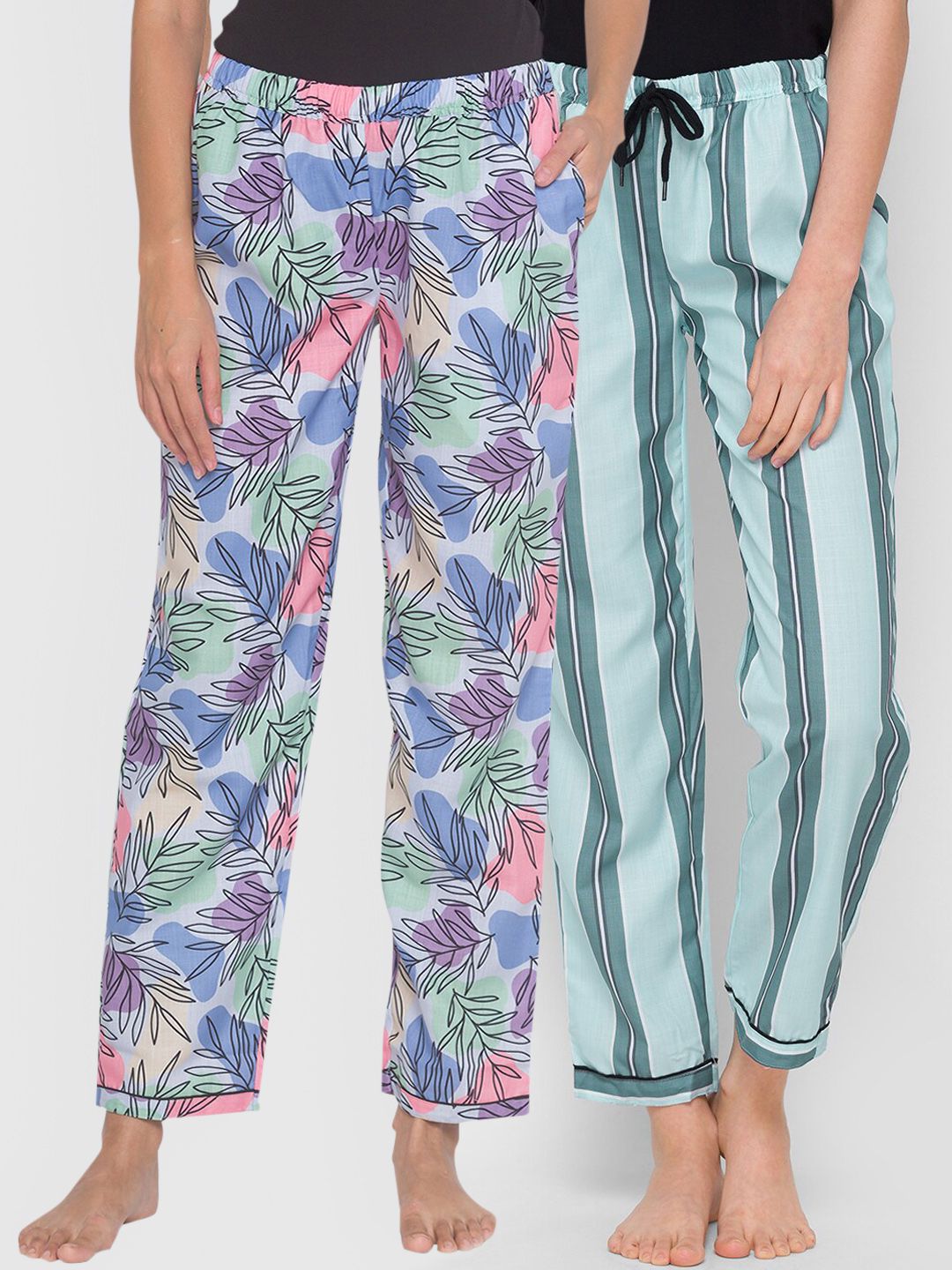 FashionRack Women Pack of 2 Blue & Pink Printed Cotton Lounge Pants Price in India