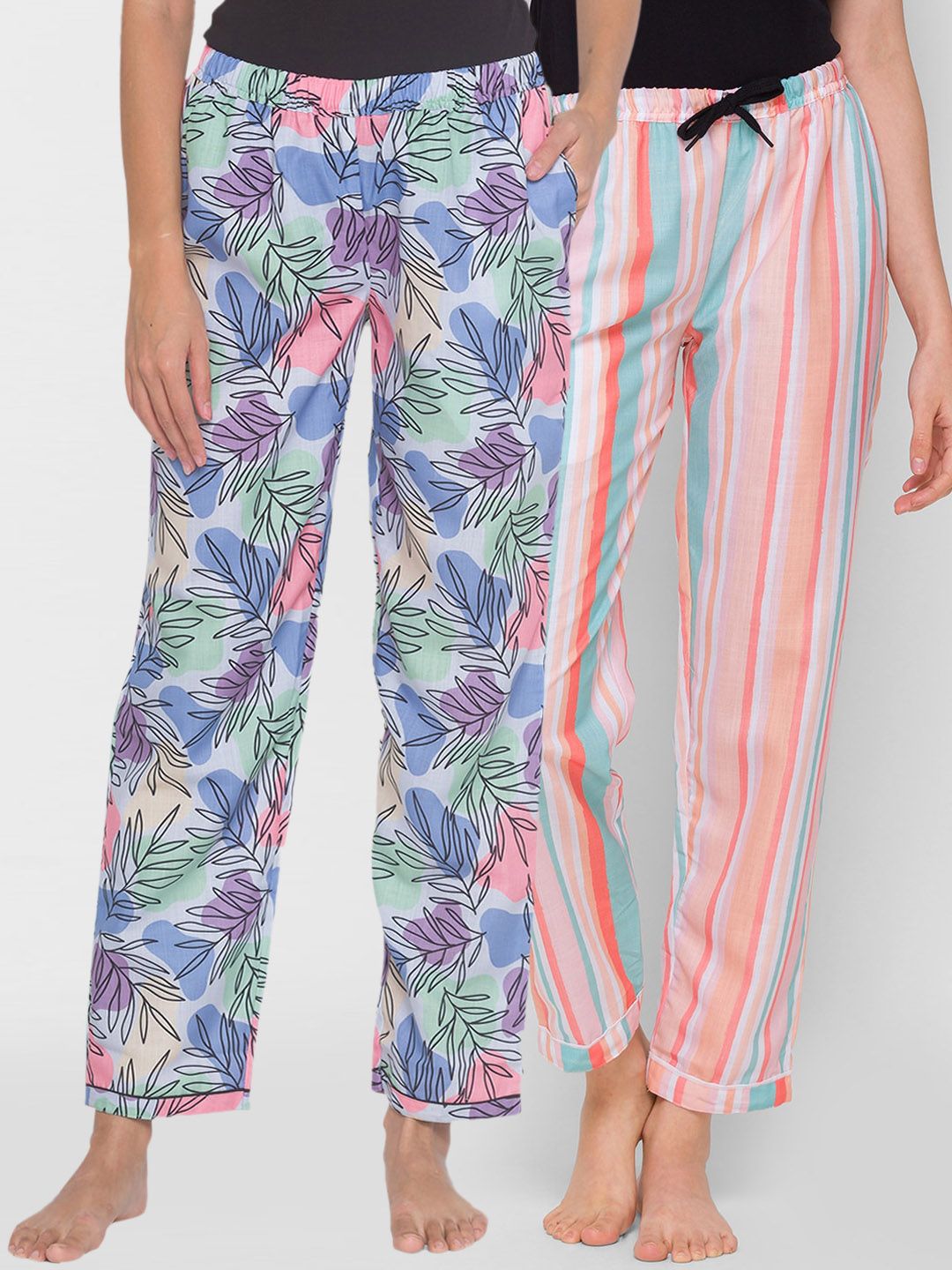 FashionRack Women Pack of 2 Blue & Peach Colored Printed Color Lounge Pants Price in India