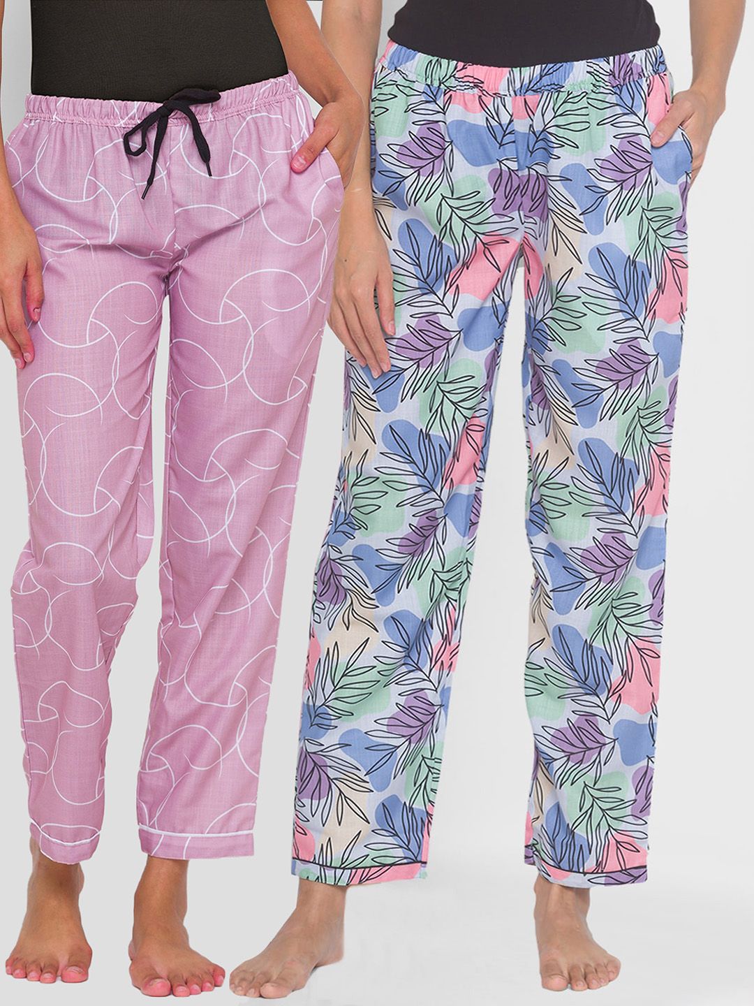 FashionRack Pack of 2 Blue & Pink Printed Cotton Lounge Pants Price in India