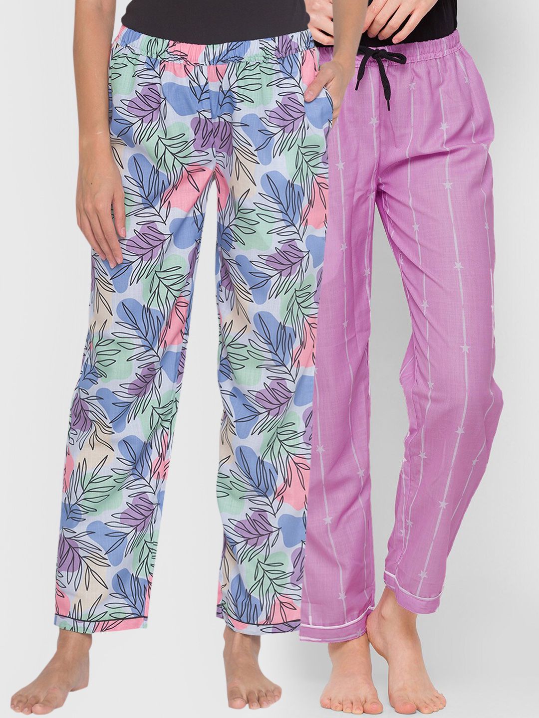 FashionRack Women Pack of 2 Blue & Purple Cotton Lounge Pants Price in India